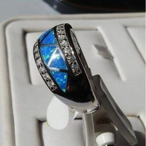 Sterling Silver Blue Opal Ring With Cubic Zirconia, October Birthstone, Size 8